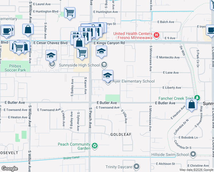 map of restaurants, bars, coffee shops, grocery stores, and more near 5272 East Lowe Avenue in Fresno