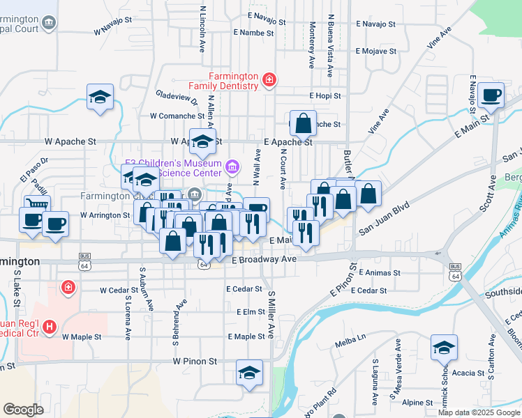 map of restaurants, bars, coffee shops, grocery stores, and more near 206 North Wall Avenue in Farmington