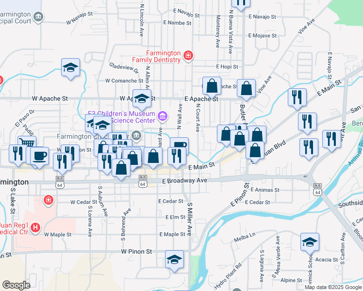 map of restaurants, bars, coffee shops, grocery stores, and more near 110 East Arrington Street in Farmington