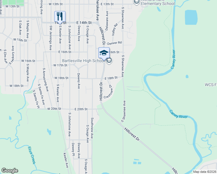 map of restaurants, bars, coffee shops, grocery stores, and more near 1910 Crestview Drive in Bartlesville