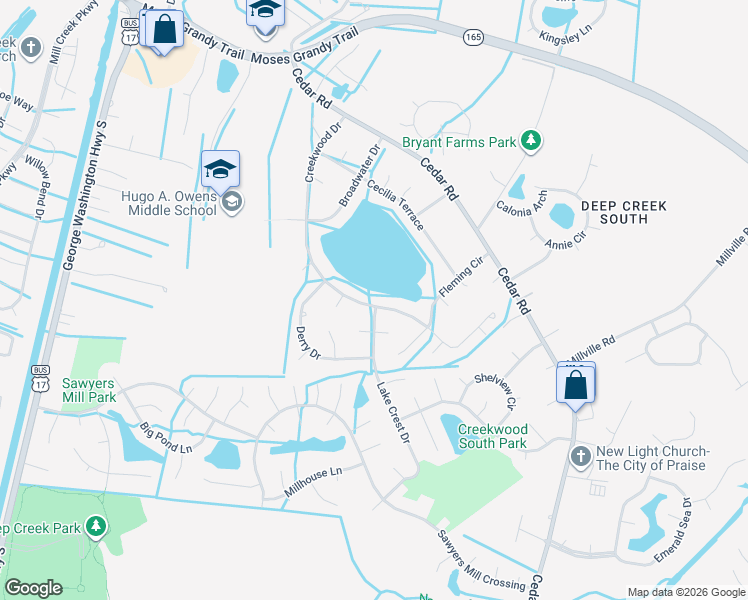 map of restaurants, bars, coffee shops, grocery stores, and more near 625 Creekwood Drive in Chesapeake