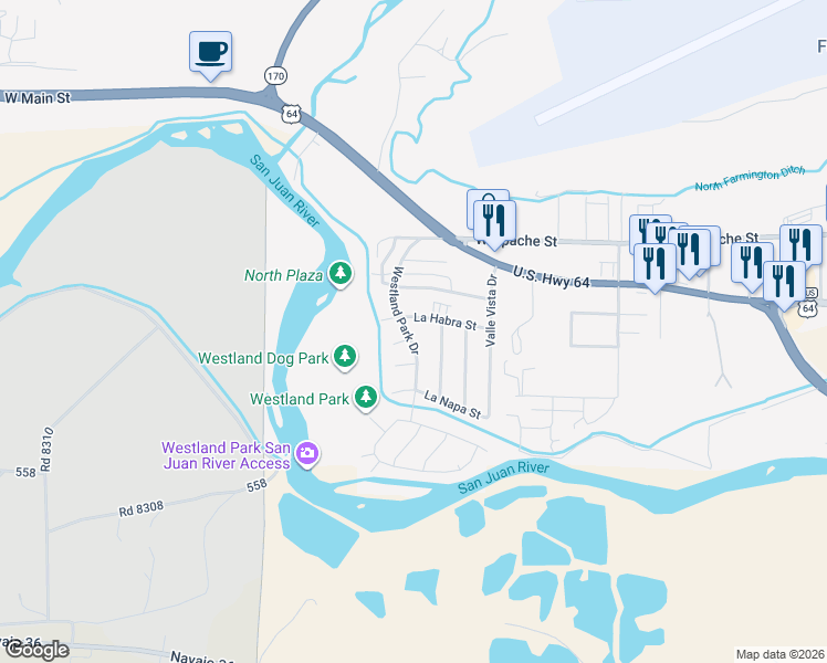 map of restaurants, bars, coffee shops, grocery stores, and more near 208 Westland Park Drive in Farmington