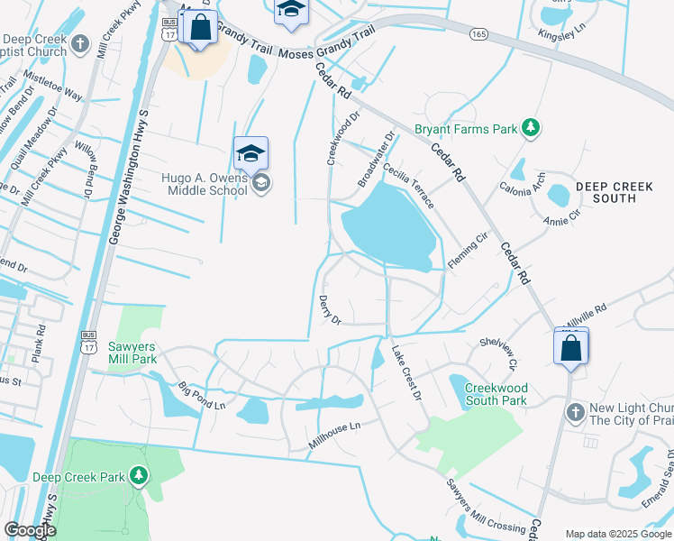 map of restaurants, bars, coffee shops, grocery stores, and more near 2709 Derry Drive in Chesapeake