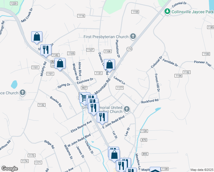 map of restaurants, bars, coffee shops, grocery stores, and more near 2991 Daniels Creek Road in Bassett
