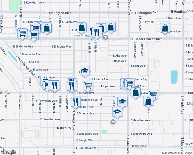 map of restaurants, bars, coffee shops, grocery stores, and more near 3853 East Liberty Avenue in Fresno