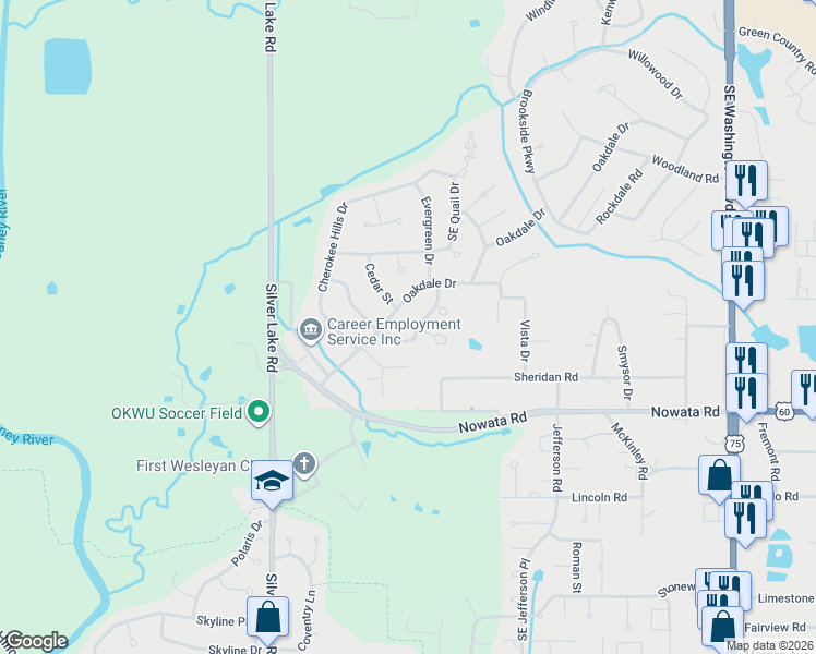 map of restaurants, bars, coffee shops, grocery stores, and more near 2655 Evergreen Drive in Bartlesville