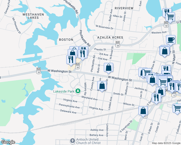 map of restaurants, bars, coffee shops, grocery stores, and more near 716 West Washington Street in Suffolk