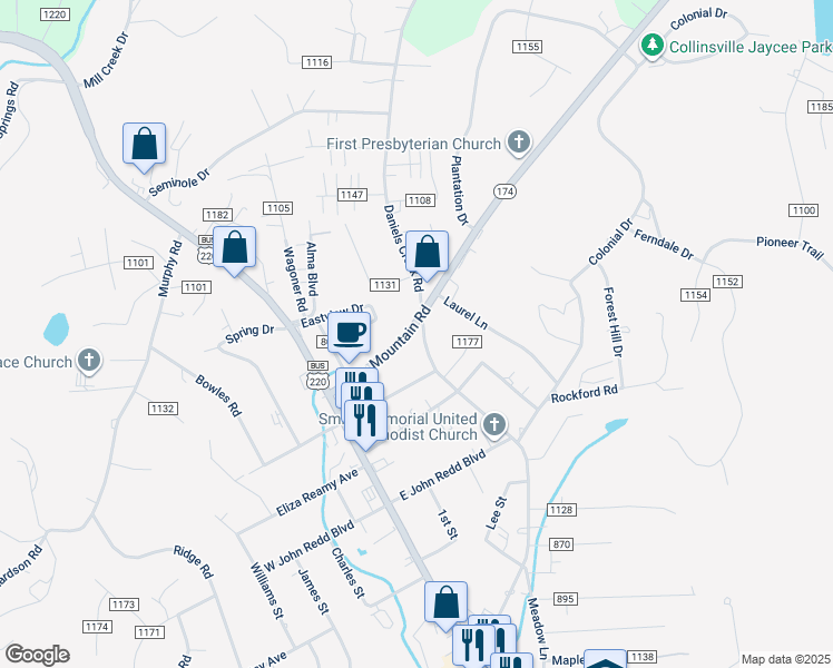map of restaurants, bars, coffee shops, grocery stores, and more near 2991 Daniels Creek Road in Bassett