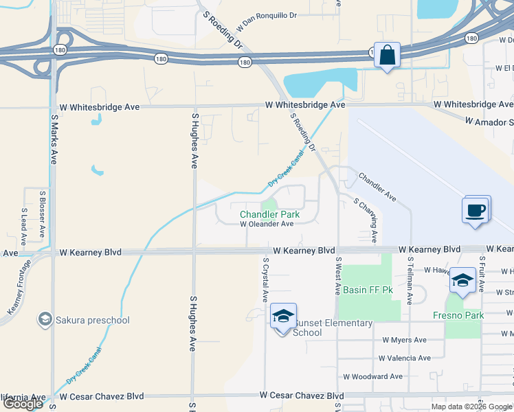 map of restaurants, bars, coffee shops, grocery stores, and more near 1817 West La Sierra Drive in Fresno