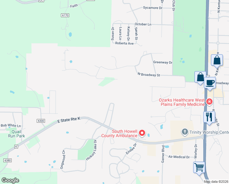 map of restaurants, bars, coffee shops, grocery stores, and more near 2126 Cambridge Drive in West Plains