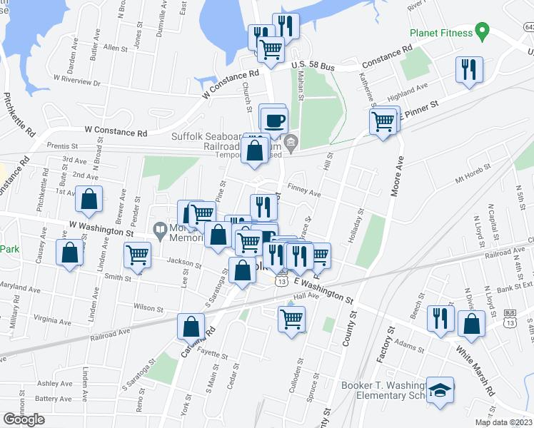 map of restaurants, bars, coffee shops, grocery stores, and more near 215 North Main Street in Suffolk