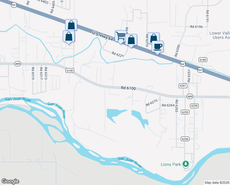 map of restaurants, bars, coffee shops, grocery stores, and more near 9 Road 6285 in Kirtland