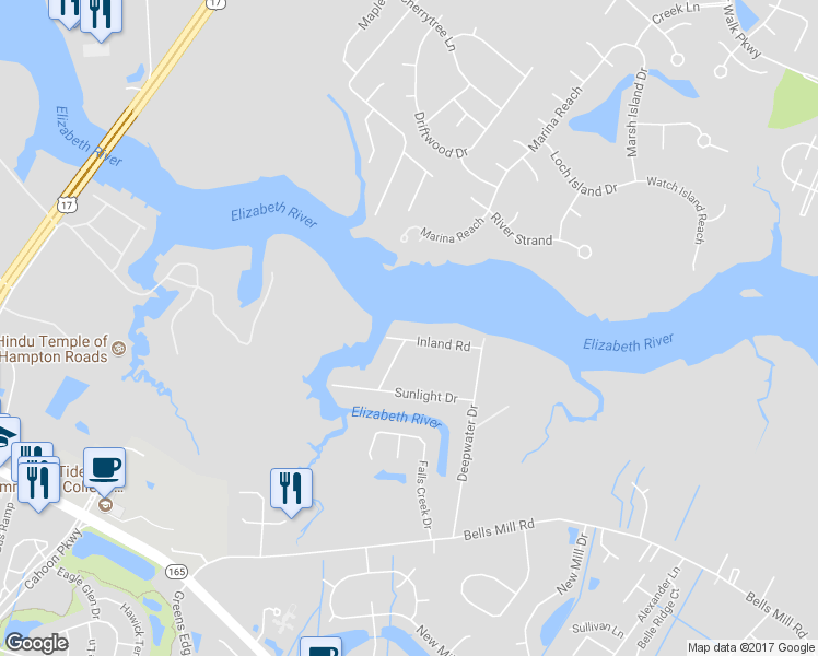map of restaurants, bars, coffee shops, grocery stores, and more near 1144 Inland Road in Chesapeake