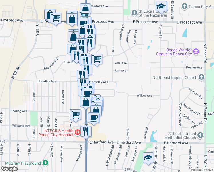 map of restaurants, bars, coffee shops, grocery stores, and more near 1500 East Bradley Avenue in Ponca City