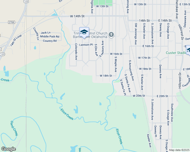map of restaurants, bars, coffee shops, grocery stores, and more near 1657 South Elm Avenue in Bartlesville