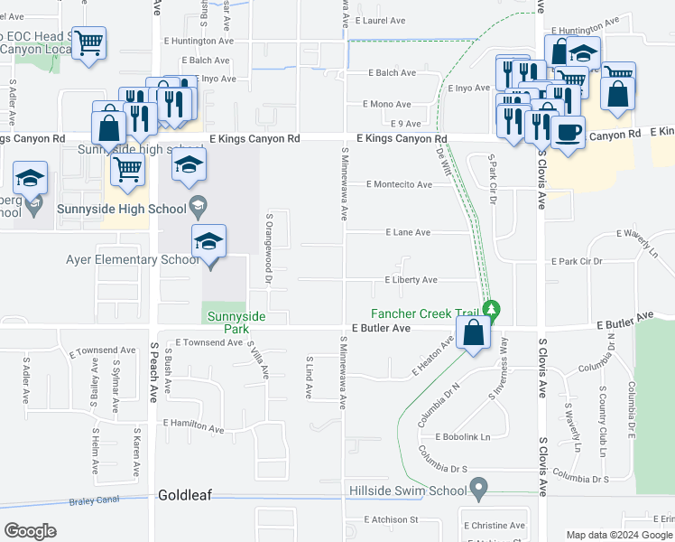 map of restaurants, bars, coffee shops, grocery stores, and more near 1192 South Minnewawa Avenue in Fresno