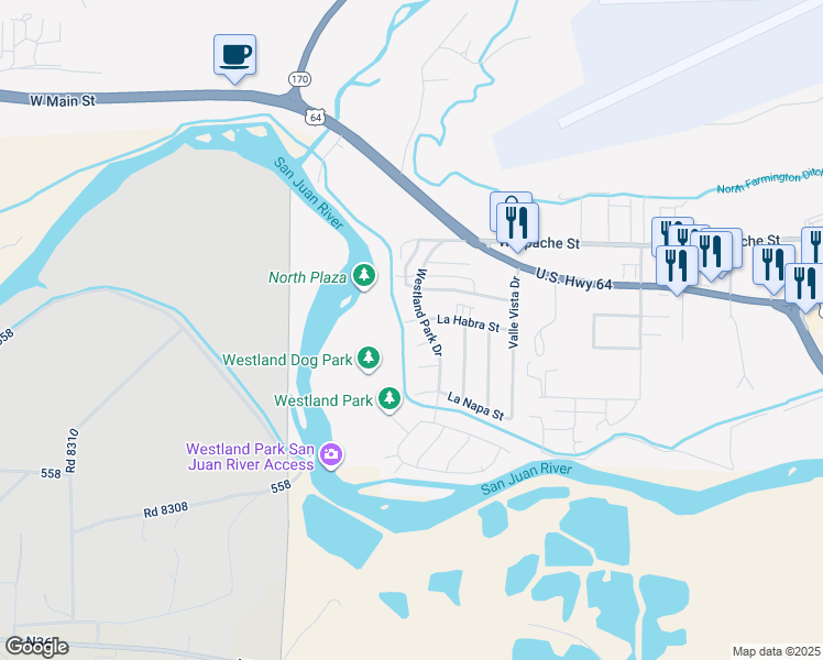 map of restaurants, bars, coffee shops, grocery stores, and more near 2904 La Palma Place in Farmington