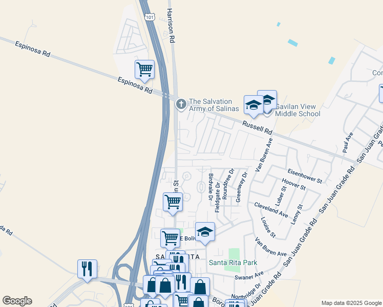 map of restaurants, bars, coffee shops, grocery stores, and more near 2322 North Main Street in Salinas