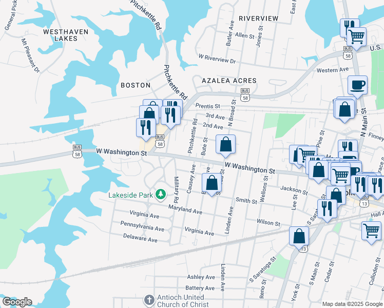 map of restaurants, bars, coffee shops, grocery stores, and more near 716 West Washington Street in Suffolk