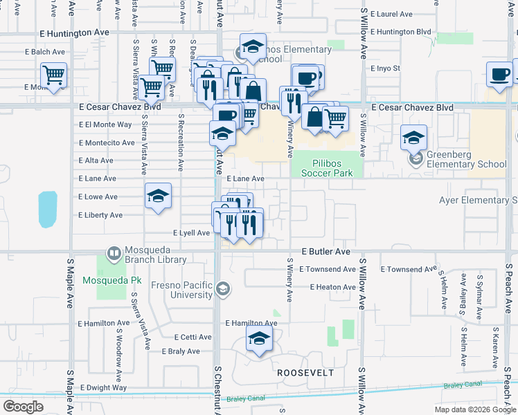 map of restaurants, bars, coffee shops, grocery stores, and more near 1190 South Winery Avenue in Fresno