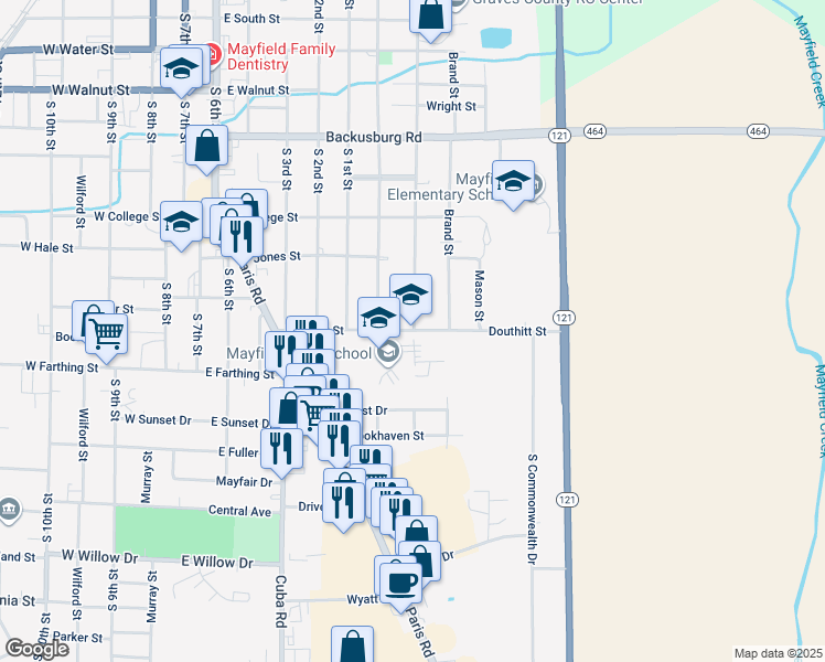map of restaurants, bars, coffee shops, grocery stores, and more near 710 Douthitt Street in Mayfield