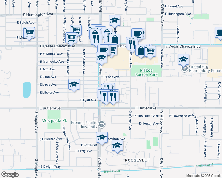map of restaurants, bars, coffee shops, grocery stores, and more near 1151 South Chestnut Avenue in Fresno