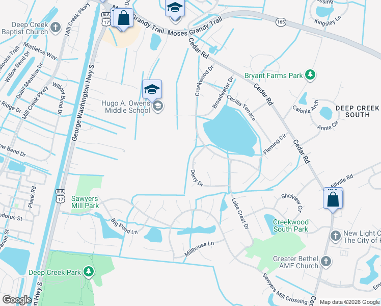 map of restaurants, bars, coffee shops, grocery stores, and more near 2716 Derry Drive in Chesapeake