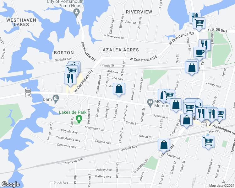 map of restaurants, bars, coffee shops, grocery stores, and more near 105 North Broad Street in Suffolk