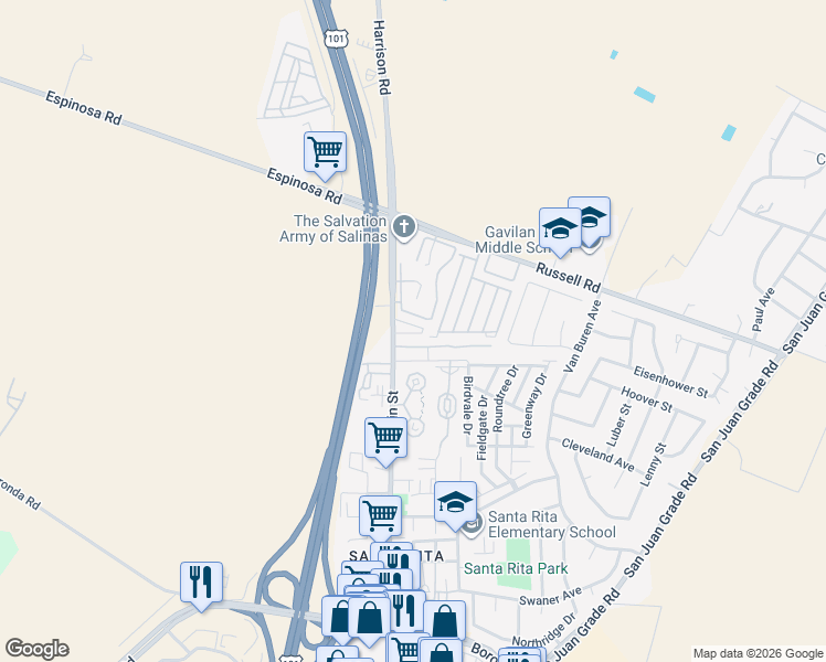 map of restaurants, bars, coffee shops, grocery stores, and more near 2366 North Main Street in Salinas