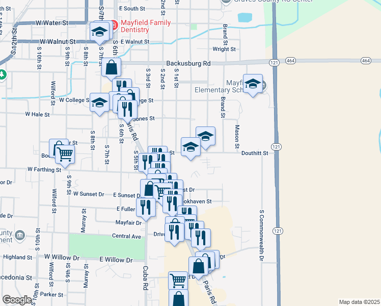 map of restaurants, bars, coffee shops, grocery stores, and more near 700 Douthitt Street in Mayfield