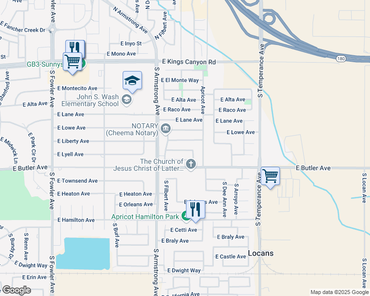 map of restaurants, bars, coffee shops, grocery stores, and more near 342 East Liberty Avenue in Fresno