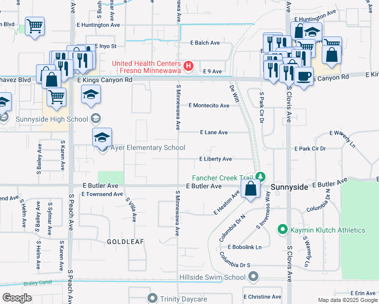 map of restaurants, bars, coffee shops, grocery stores, and more near 5418 East Liberty Avenue in Fresno