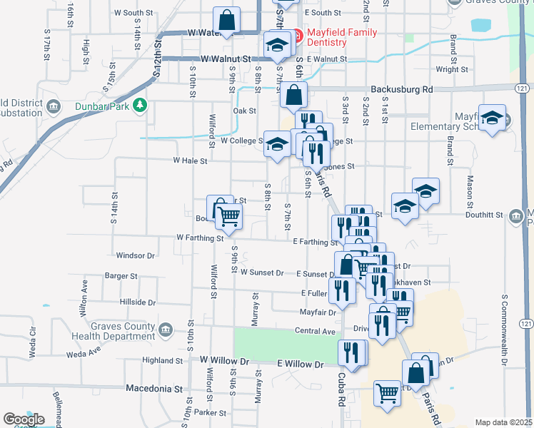 map of restaurants, bars, coffee shops, grocery stores, and more near 924-998 S 8th St in Mayfield