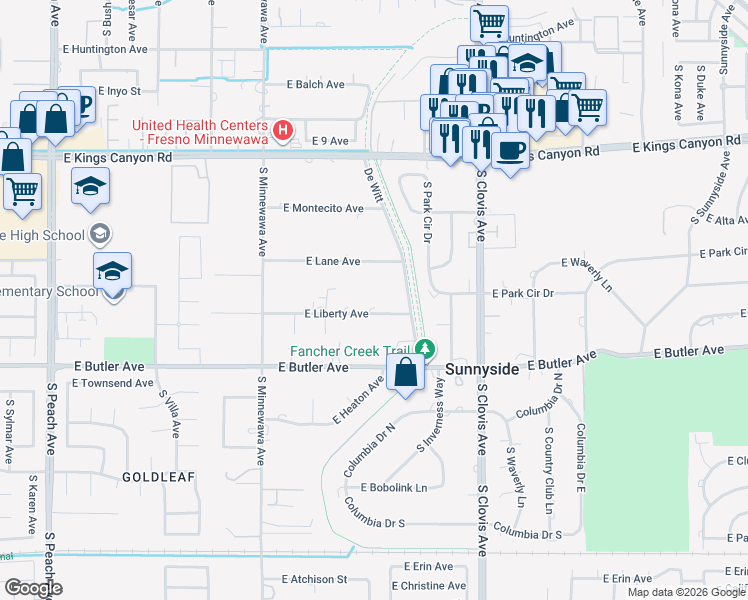 map of restaurants, bars, coffee shops, grocery stores, and more near 5515 East Liberty Avenue in Fresno