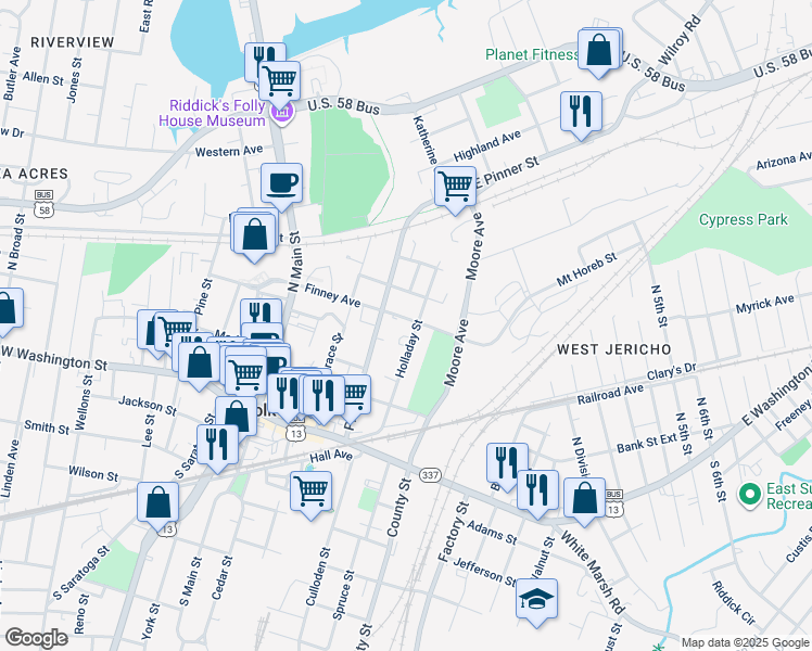 map of restaurants, bars, coffee shops, grocery stores, and more near 315 Finney Avenue in Suffolk