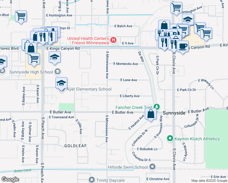 map of restaurants, bars, coffee shops, grocery stores, and more near 5418 East Liberty Avenue in Fresno