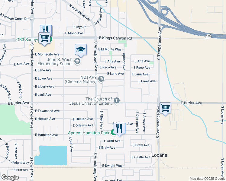 map of restaurants, bars, coffee shops, grocery stores, and more near 342 East Liberty Avenue in Fresno