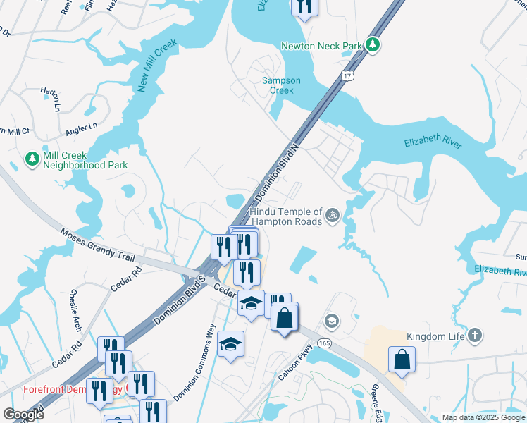 map of restaurants, bars, coffee shops, grocery stores, and more near 233 Sampson Creek Road in Chesapeake