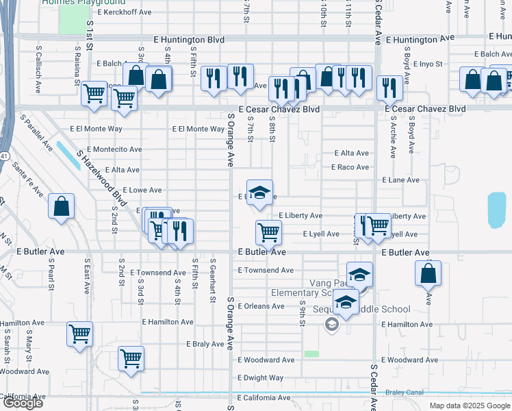 map of restaurants, bars, coffee shops, grocery stores, and more near 3722 East Lowe Avenue in Fresno