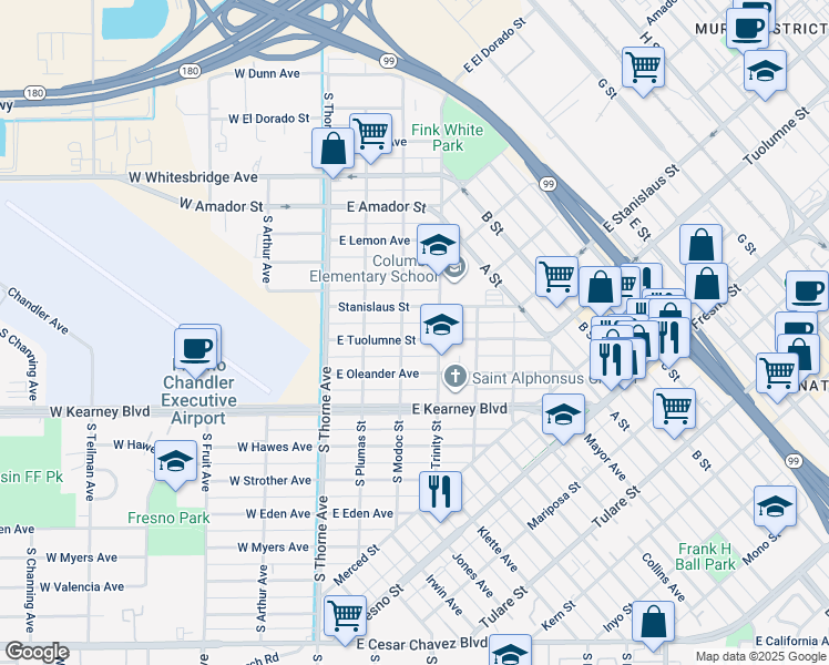 map of restaurants, bars, coffee shops, grocery stores, and more near 220 East Tuolumne Street in Fresno