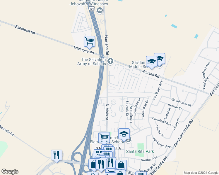 map of restaurants, bars, coffee shops, grocery stores, and more near 2330 North Main Street in Salinas