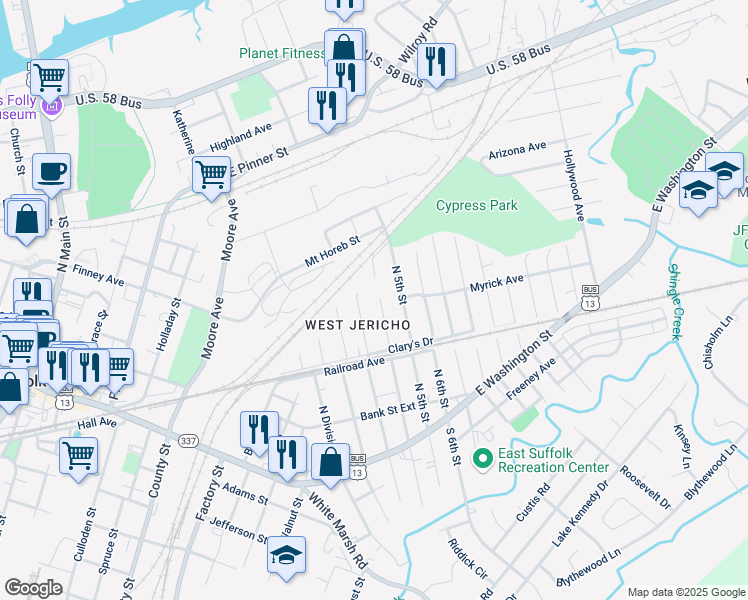 map of restaurants, bars, coffee shops, grocery stores, and more near 325 North 4th Street in Suffolk
