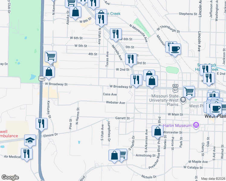 map of restaurants, bars, coffee shops, grocery stores, and more near Cass Avenue in West Plains