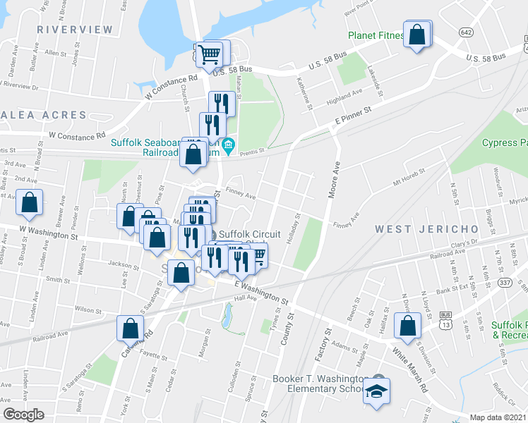 map of restaurants, bars, coffee shops, grocery stores, and more near 231 Pinner Street in Suffolk
