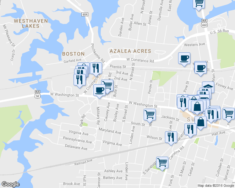 map of restaurants, bars, coffee shops, grocery stores, and more near 116 Bute Street in Suffolk