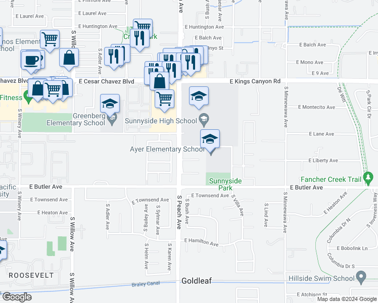 map of restaurants, bars, coffee shops, grocery stores, and more near 5218 East Lowe Avenue in Fresno