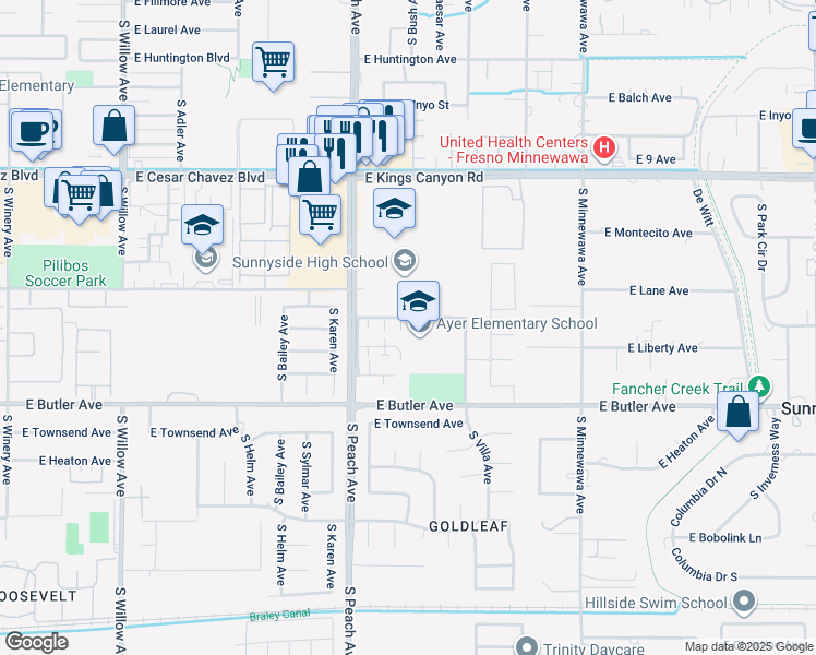 map of restaurants, bars, coffee shops, grocery stores, and more near 5250 East Lowe Avenue in Fresno