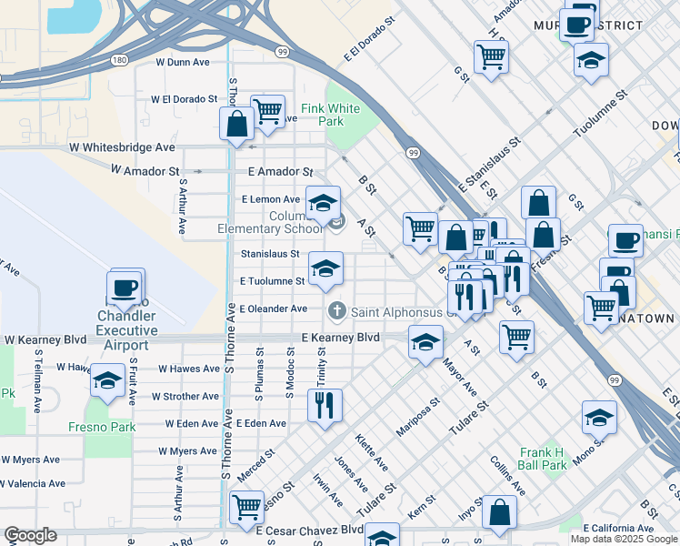 map of restaurants, bars, coffee shops, grocery stores, and more near 1207 South Trinity Street in Fresno
