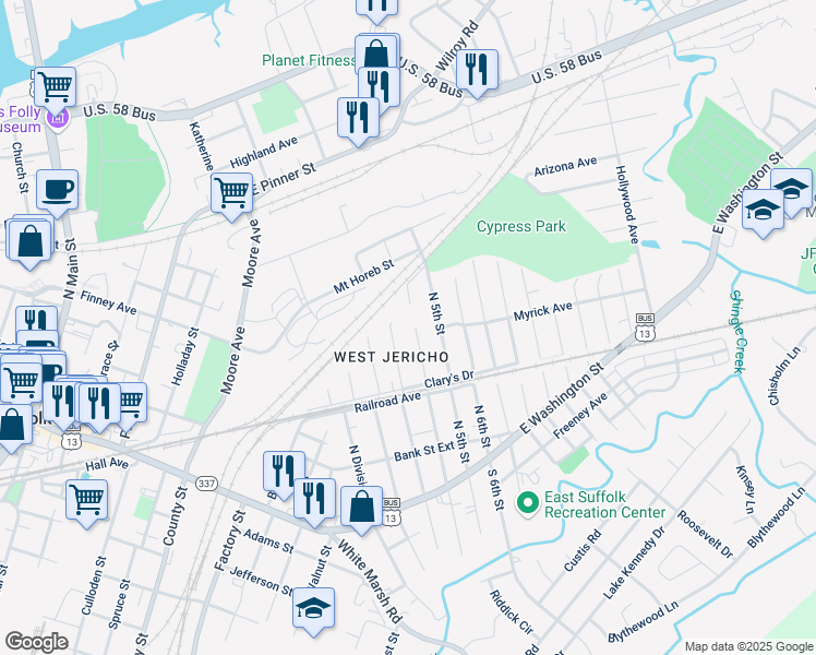map of restaurants, bars, coffee shops, grocery stores, and more near 325 North 4th Street in Suffolk
