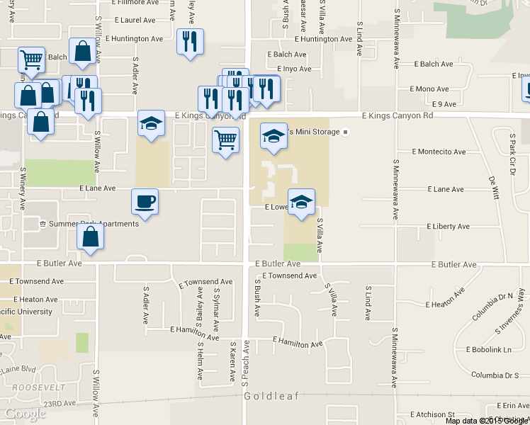 map of restaurants, bars, coffee shops, grocery stores, and more near 5206 East Liberty Avenue in Fresno
